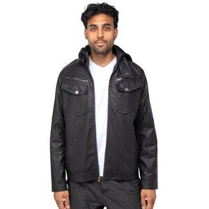 NWT X Rap Black Jacket Faux Leather Grainy Hooded Shearling Lining XL